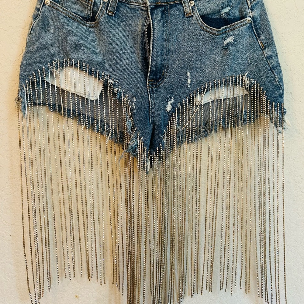 Distressed Denim Fringe Jean Shorts